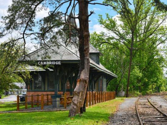 Cambridge New York Train Station. Photograph of an old wooden and brick train station labeled ‘CAMBRIDGE’, with a wooden platform and a large bare tree in the foreground. Train tracks run alongside the platform, extending into the distance. The background is filled with trees and shrubs displaying summer colors.