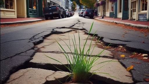 An image of a busy neighborhood with many people, cars, trucks, and farm stands. There are colorful houses and trees throughout the area, and a farmers market is taking place on the street.