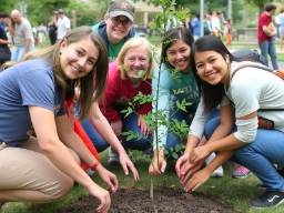 Volunteers of various ages planting a young tree in a public space, symbolizing community engagement.