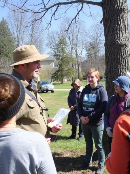 An arborist answering questions from community members outdoors, promoting accessibility and engagement in tree care knowledge.