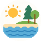 Playful lakeside summer camp icon with sun and waves, flat vector style.